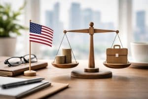Minimalist and realistic scene illustrating Economic Trends in the U.S. labor market, featuring a wooden balance scale on a desk with stacked coins on one side and a briefcase on the other, symbolizing income distribution and employment shifts. A small American flag, notebook, glasses, and a softly blurred urban skyline in the background reinforce the context of work, economy, and financial transformation in the United States.