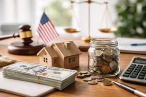 Minimalist and realistic composition illustrating Economic Trends through U.S. monetary policy, featuring a wooden house model, a jar filled with coins, stacks of U.S. dollar bills, and a calculator on a clean desk, with soft-focus elements such as a balance scale, gavel, and American flag in the background, symbolizing the relationship between credit, savings, and financial decision-making.