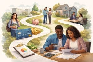 Realistic minimalist illustration showing American adults at different life stages learning to manage credit, including a young student holding books, a couple reviewing bills at a table with a calculator and documents, a piggy bank, a credit card, and a suburban home in the background, symbolizing lifelong Financial Education and responsible financial decision-making in the United States.