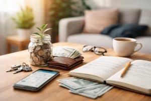 The image captures a calm and intentional moment centered around everyday financial decisions. On a wooden table bathed in soft natural light, a glass jar filled with coins holds a small green plant growing upward, symbolizing steady progress and long-term growth. Nearby, a leather wallet with visible US dollar bills suggests liquidity and day-to-day cash flow management.