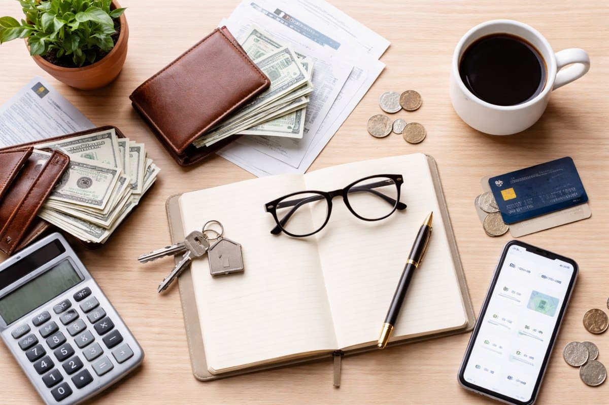 Overhead minimalist composition of personal finance essentials arranged on a light wooden desk, featuring an open blank notebook with black-framed glasses and a gold-accented pen, surrounded by a calculator, wallet with US dollar bills, credit cards, coins, house keys, a smartphone displaying a budgeting interface, and a cup of coffee, symbolizing organization, responsibility, and Financial Education in the context of personal finance planning in the United States.