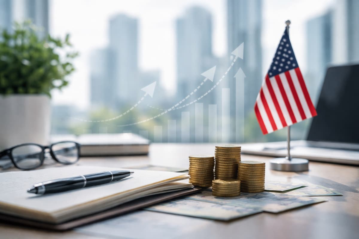 Economic Trends concept image showing a minimalist office desk with neatly stacked gold coins placed over U.S. dollar bills, a small American flag on a metal stand, an open notebook with a pen, and eyeglasses resting beside it. In the blurred background, modern skyscrapers suggest an urban financial district, while subtle upward translucent arrows symbolize long-term economic growth and strategic planning in the United States.