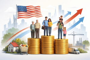 Realistic minimalist illustration representing Economic Trends in the United States economy influenced by demographic change, showing three generations of people standing on stacks of coins in front of a subtle American city skyline, with a U.S. flag in the background and symbolic elements such as housing, industry, transportation, and consumption to illustrate how population structure, workforce shifts, and family dynamics influence economic activity and long-term Economic Trends in the country.