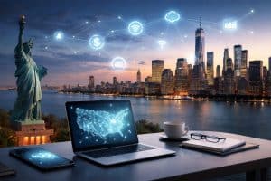 A minimalist and realistic scene showing the Statue of Liberty overlooking a modern city skyline at sunset, with a laptop, smartphone, coffee cup, and notebook on a desk in the foreground. Digital connection icons float subtly in the sky, representing innovation and connectivity.