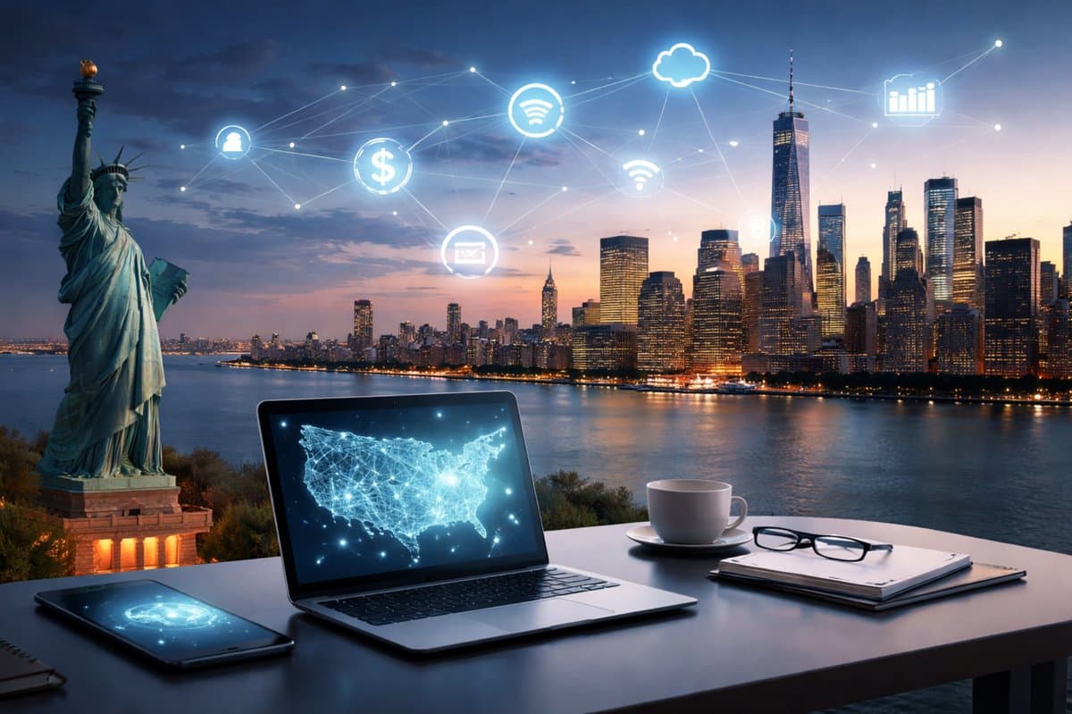 A minimalist and realistic scene showing the Statue of Liberty overlooking a modern city skyline at sunset, with a laptop, smartphone, coffee cup, and notebook on a desk in the foreground. Digital connection icons float subtly in the sky, representing innovation and connectivity.