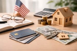 A minimalist and realistic composition featuring credit cards stacked on a wooden surface alongside house keys resting on U.S. dollar bills, a small wooden house model, coins, a calculator, and an open notebook with eyeglasses.