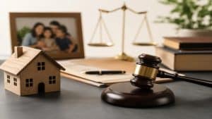 The image complements the subject with a realistic and minimalist composition that represents legal protection and financial organization. The judge’s gavel, wooden house model, legal documents, and balance scales symbolize justice, inheritance protection, and asset management. The blurred family portrait in the background reinforces the idea of safeguarding loved ones and preserving family legacy, visually conveying the importance of estate planning and protecting legal heirs in the United States.