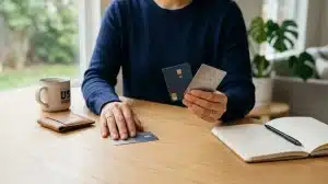 A person wearing a dark blue long-sleeved sweater sits at a wooden table, holding up two credit cards—one dark blue and one silv