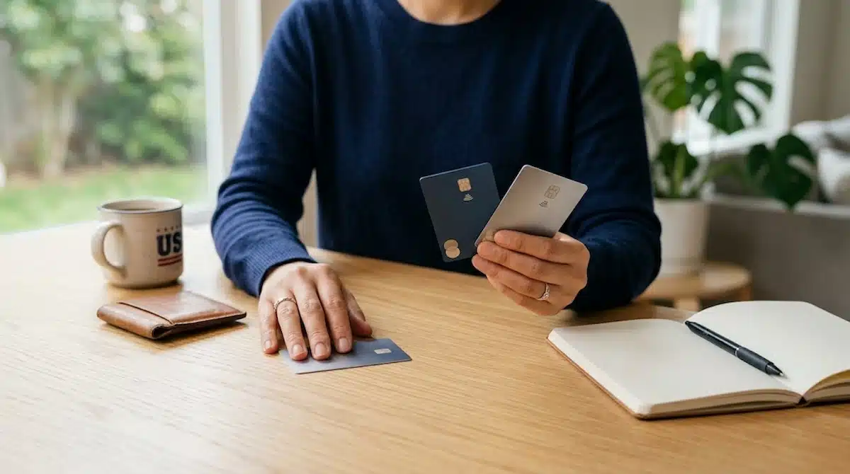 A person wearing a dark blue long-sleeved sweater sits at a wooden table, holding up two credit cards—one dark blue and one silv