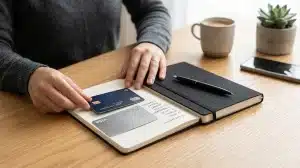 A person wearing a dark gray sweater rests their hands on an open hardcover notebook placed on a wooden desk. They hold a navy blue credit card on top of the grid