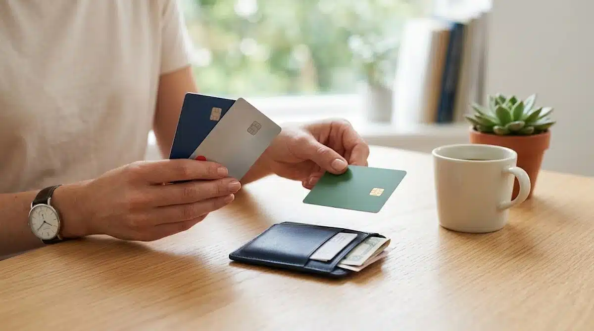 A person's hands hold and compare three credit cards—one navy blue, one silver, and one green—above a light wooden table.