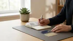 A person's hands work at a light wooden desk over a dark gray desk mat. Their right hand holds a pen and writes in an open notebook, while their left hand rests