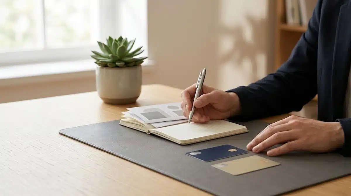 A person's hands work at a light wooden desk over a dark gray desk mat. Their right hand holds a pen and writes in an open notebook, while their left hand rests