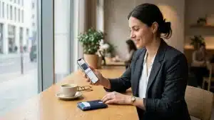 A woman in a charcoal gray blazer and white collared shirt sits smiling at a long wooden counter in a cafe next to a large street-facing window.