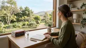 A woman in a green sweater sits at a wooden desk in profile, looking thoughtfully out a large open window toward a lush green garden and distant hills.
