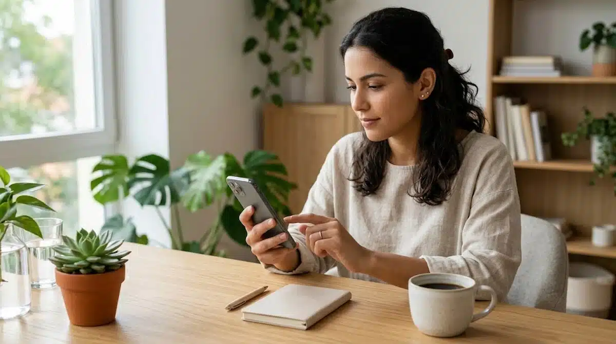 A woman with long, dark wavy hair wearing a beige long-sleeved top sits at a wooden desk, interacting with her smartphone held in both hands.