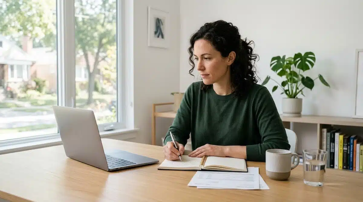 A woman with dark, curly hair tied back sits at a wooden desk in a bright, modern room, writing in a spiral notebook with a silver pen. She wears a dark green sweater. To her left is an open silver laptop, and to her right are a grey ceramic mug and a glass of water. In front of her are some papers. Behind her is a large window showing a green, tree-lined street and houses, along with a wooden shelf with plants and books. The room is light and airy.