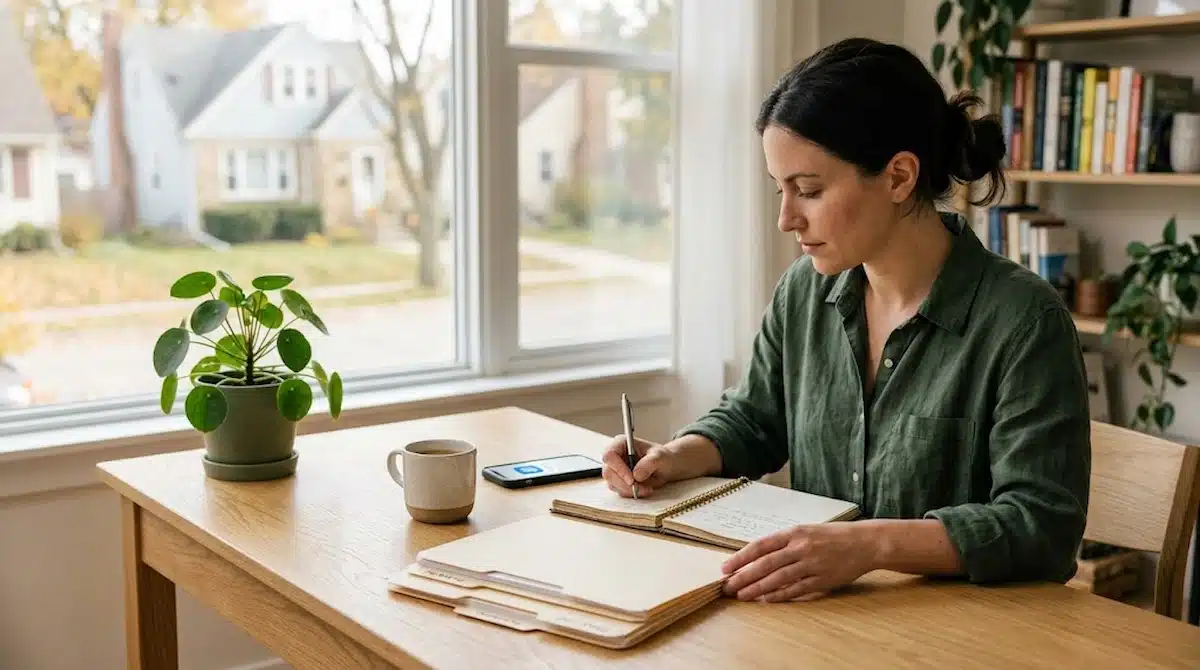 A young woman with dark hair tied back, wearing a green linen shirt, sits at a light-colored wooden table in a well-lit room. She is writing with a pen in an open, lined journal. On the table, to her left, is a grey coffee mug and a smartphone resting face-down. In front of her is a beige file folder. To the far left, a potted plant with round leaves sits near a large window that looks out onto a suburban neighborhood with houses. Behind her, to the right, a wooden shelf unit is visible, holding books and more potted plants. The overall setting is calm and focused, evoking a moment of organized planning or reflection.
