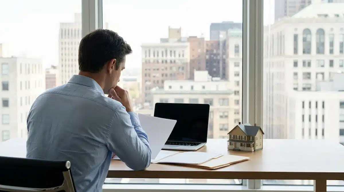 A person sits at a clean wooden desk, thoughtfully reviewing paper documents next to a laptop and a small wooden house model. In the background, soft natural light comes through a large window revealing a city skyline with American architecture. The scene is clutter-free with balanced contrast and high clarity, conveying financial planning and economic decisions.