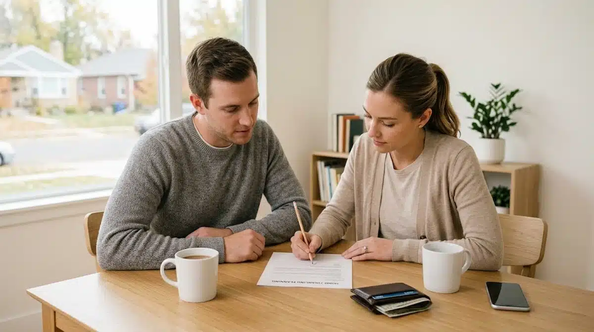 A couple, a man in a grey sweater and a woman in a beige cardigan, sit together at a wooden table in a brightly lit room. They are looking down at a document labeled "Home Financing Planning," which the woman is actively writing on with a pencil. Two white coffee mugs, a brown leather wallet with dollar bills and cards, and a smartphone rest on the table between them. Through a large window behind them, a residential street with houses and trees can be seen under soft daylight. The environment is minimalist and realistic, with balanced lighting.
